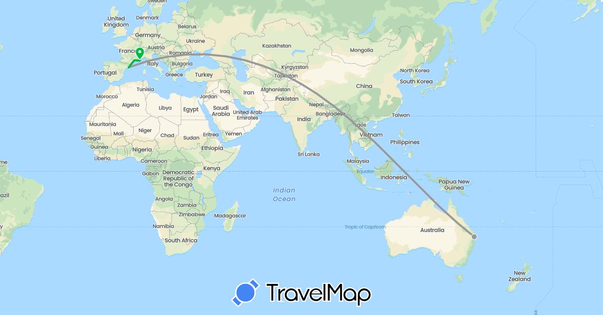TravelMap itinerary: driving, bus, plane in Australia, Spain, France (Europe, Oceania)